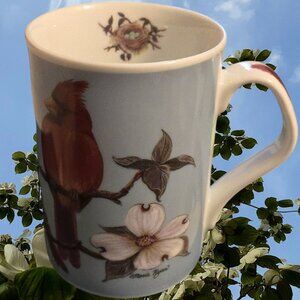 Garden Birds Mug By Maria Ryan Cardinals Dogwood Branch Bee Inhesion Porcelain